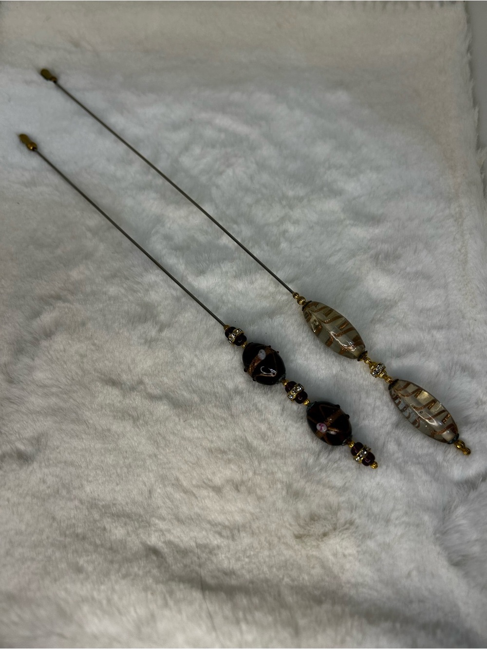 SET OF TWO VINTAGE ART GLASS HAT PINS